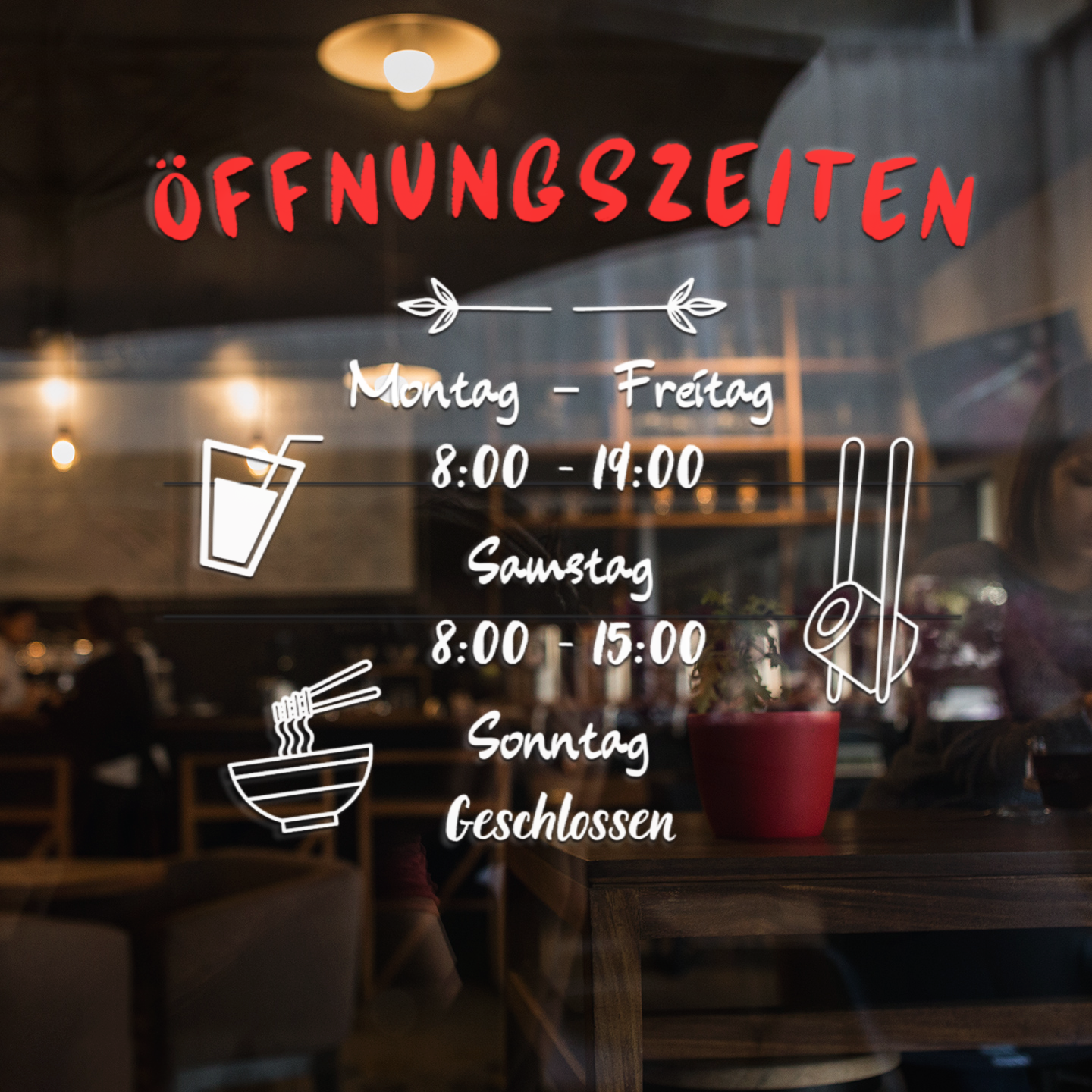 Moderne Fensteraufkleber für Öffnungszeiten – Vielfältige Farben & Stile